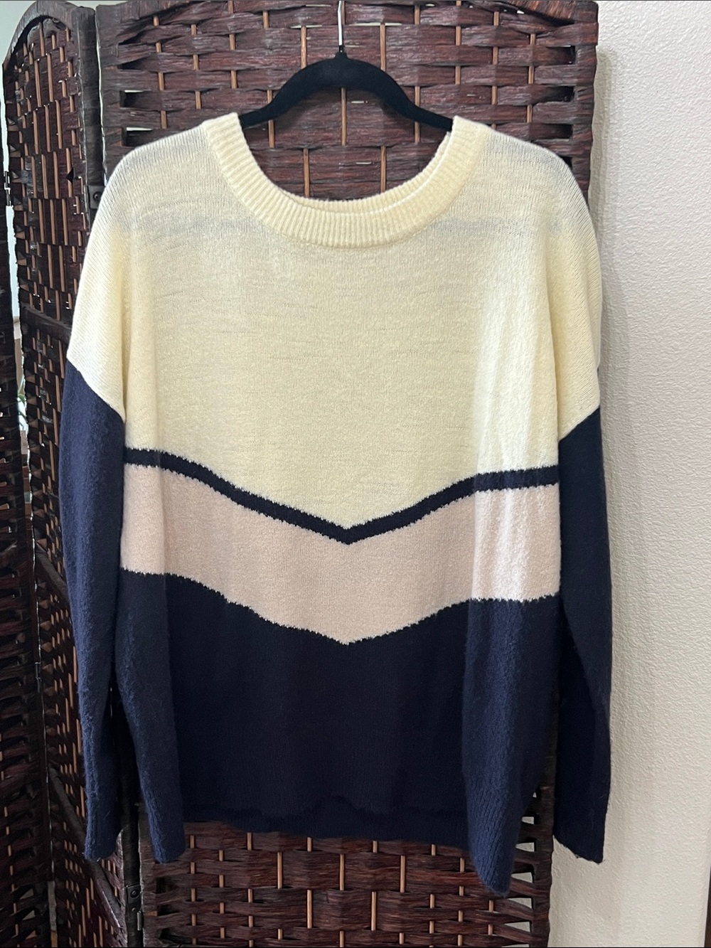 tea n rose Cream, Navy & Beige Chevron Crewneck Sweater